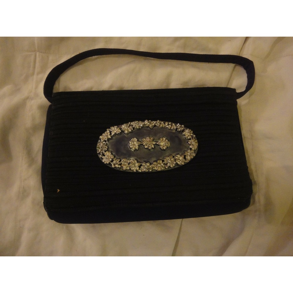 Lewis vintage black evening bag‎ purse with mirror and green rhinestone flowers